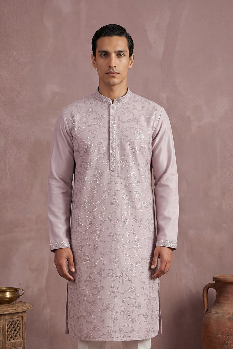 Men Lavender Silk Blend Embroidered Straight Kurta Sets | SHOBITAM