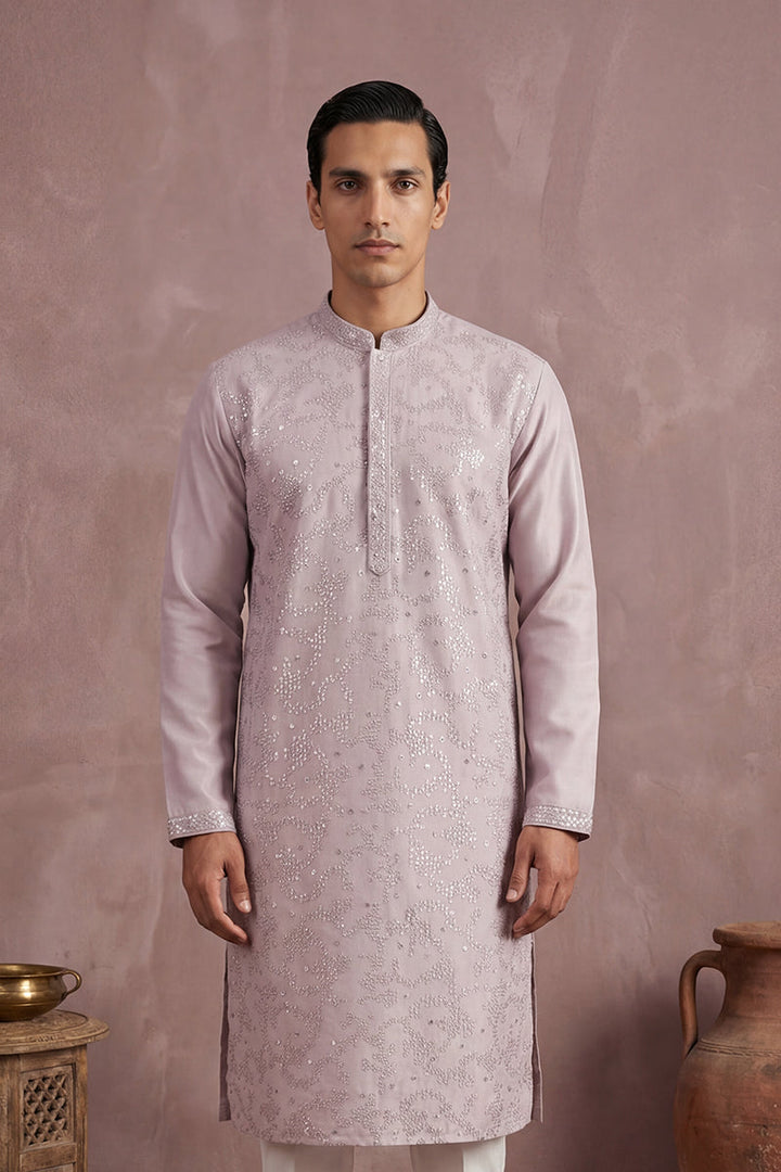 Men Lavender Silk Blend Embroidered Straight Kurta Sets | SHOBITAM