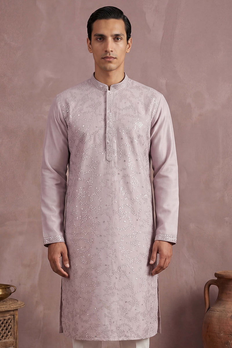 Men Lavender Silk Blend Embroidered Straight Kurta Sets | SHOBITAM