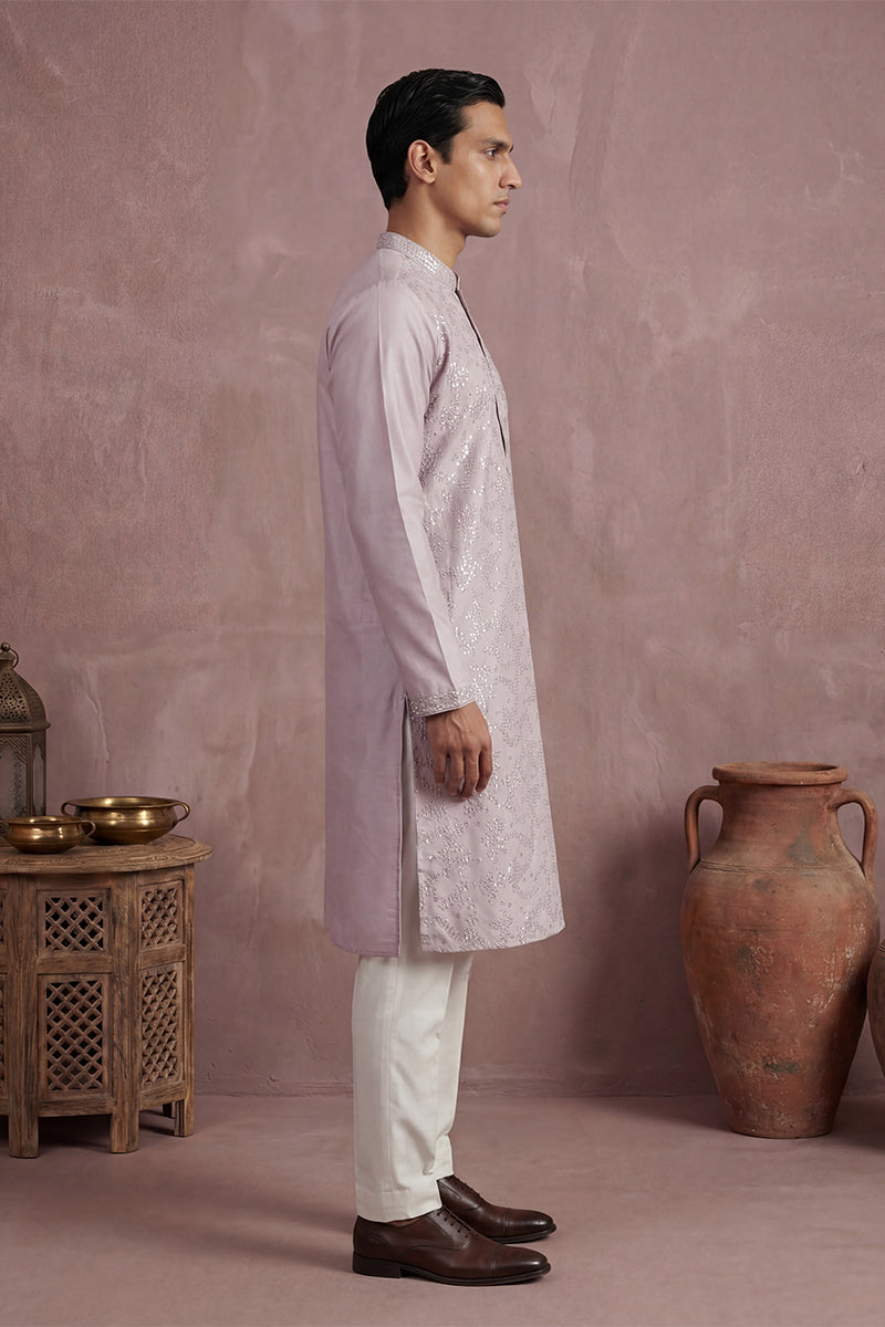 Men Lavender Silk Blend Embroidered Straight Kurta Sets | SHOBITAM