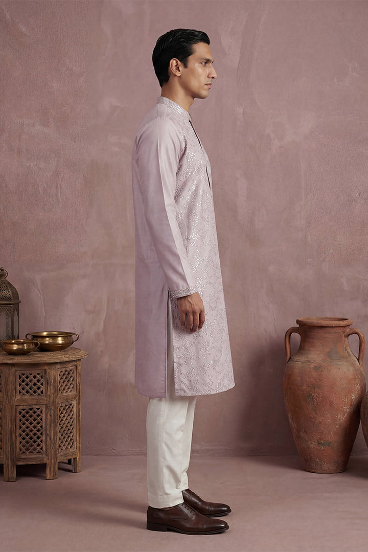 Men Lavender Silk Blend Embroidered Straight Kurta Sets | SHOBITAM