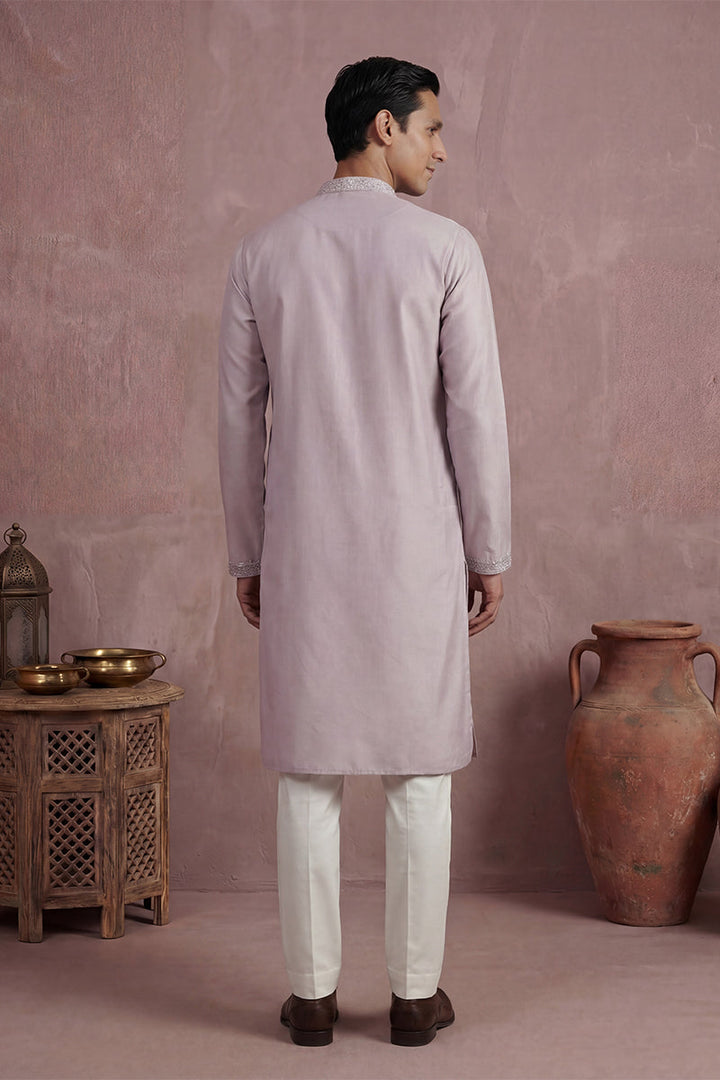 Men Lavender Silk Blend Embroidered Straight Kurta Sets | SHOBITAM