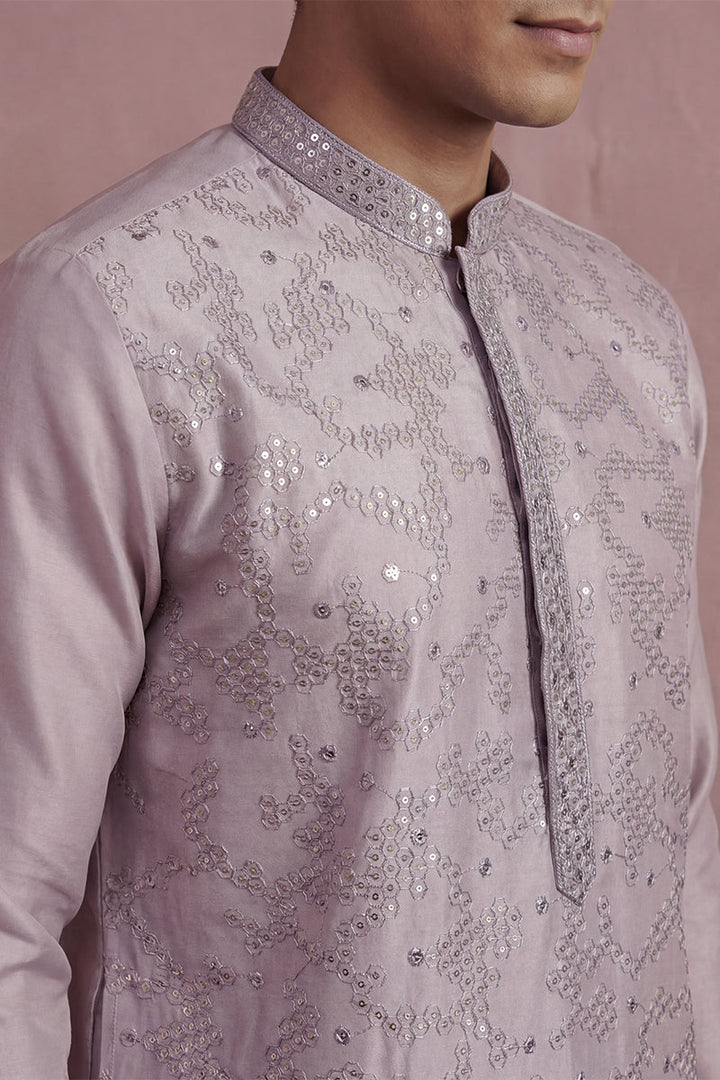 Men Lavender Silk Blend Embroidered Straight Kurta Sets | SHOBITAM