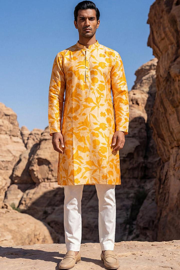 Yellow Silk Blend Printed Straight Kurta | SHOBITAM