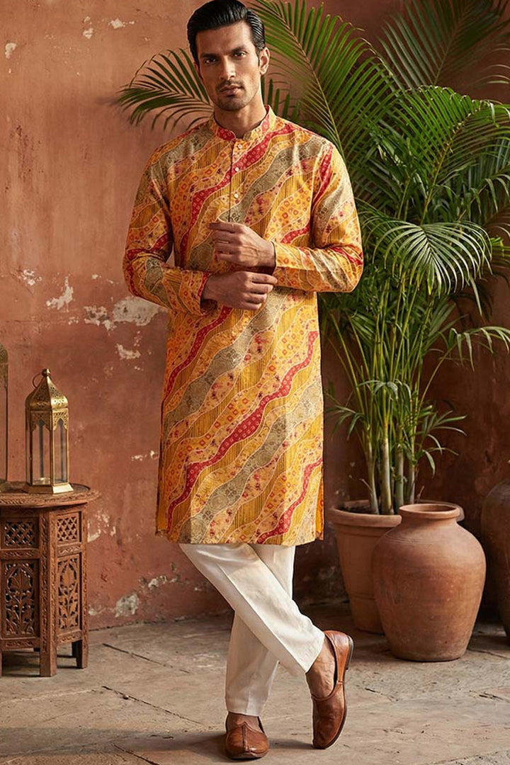 Yellow Silk Blend Printed Straight Kurta | SHOBITAM