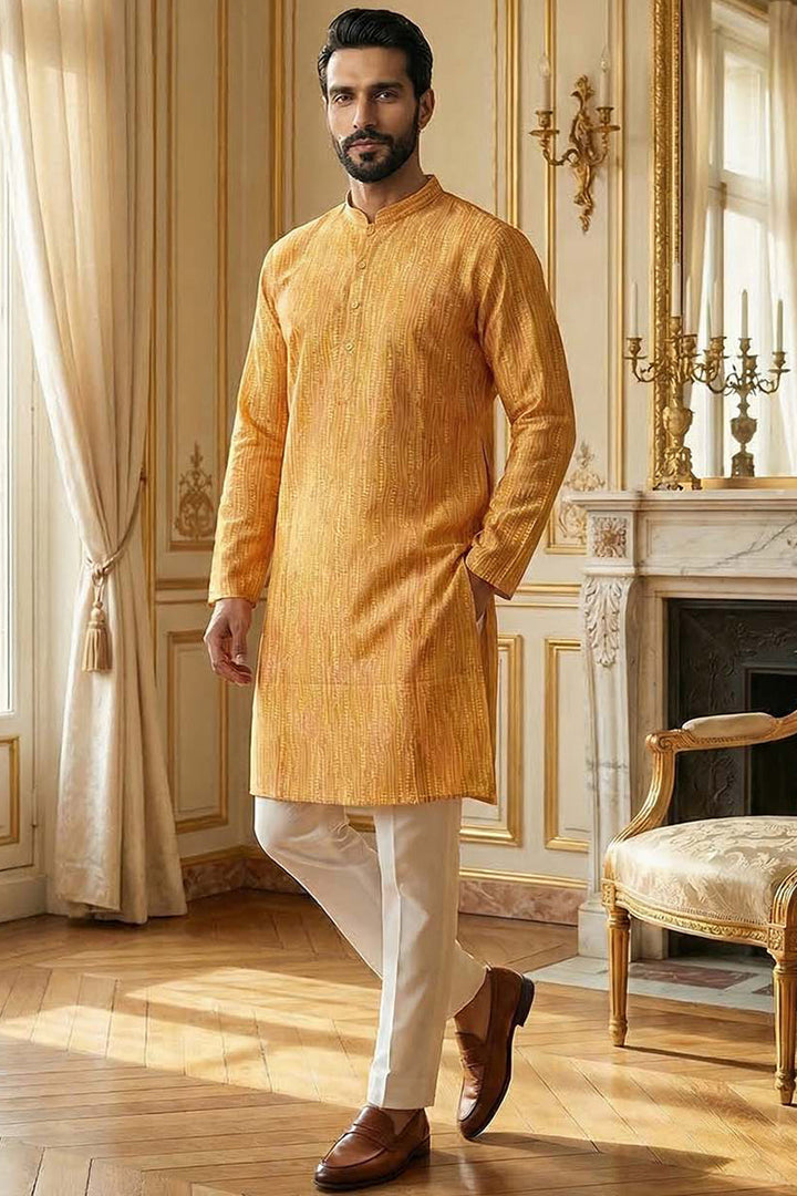 Yellow Silk Blend Printed Straight Kurta | SHOBITAM