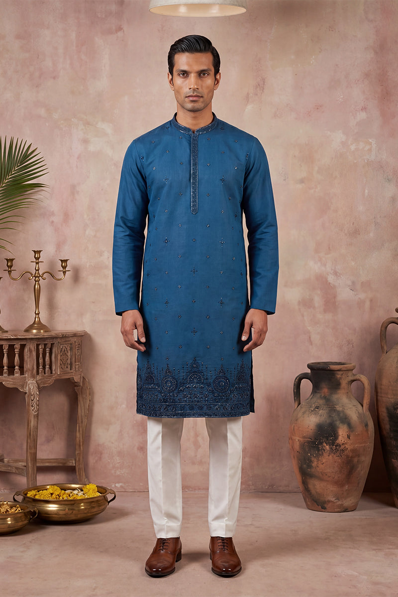 Men Blue Silk Blend Embroidered Straight Kurta Sets | SHOBITAM
