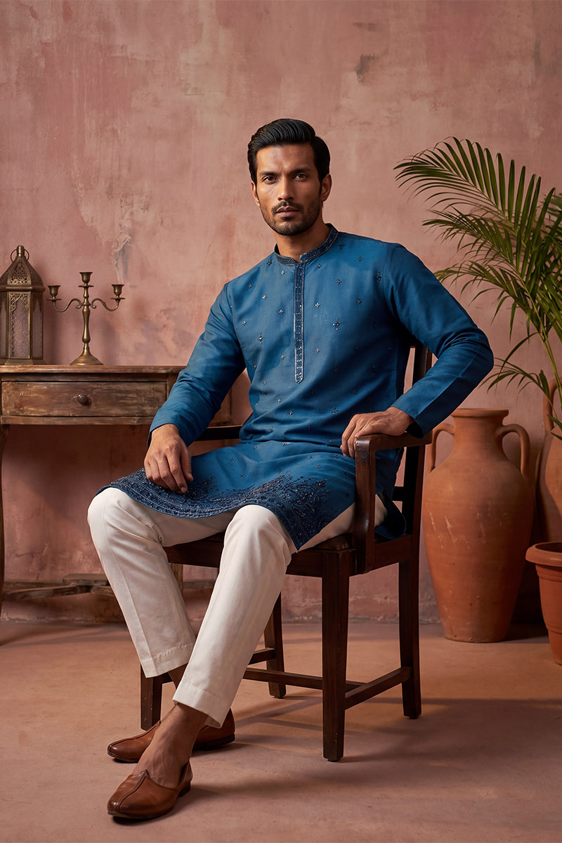 Men Blue Silk Blend Embroidered Straight Kurta Sets | SHOBITAM
