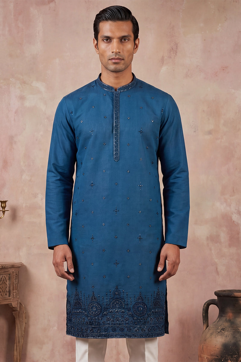 Men Blue Silk Blend Embroidered Straight Kurta Sets | SHOBITAM