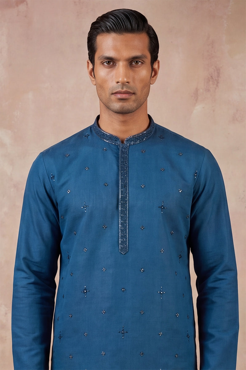 Men Blue Silk Blend Embroidered Straight Kurta Sets | SHOBITAM