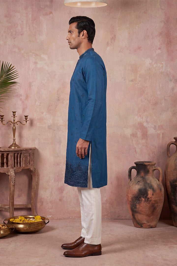 Men Blue Silk Blend Embroidered Straight Kurta Sets | SHOBITAM
