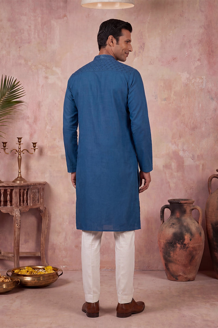 Men Blue Silk Blend Embroidered Straight Kurta Sets | SHOBITAM