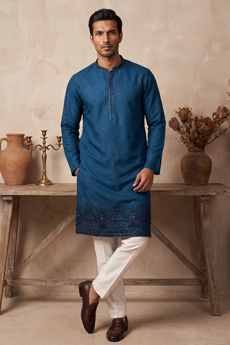 Men Blue Silk Blend Embroidered Straight Kurta Sets | SHOBITAM