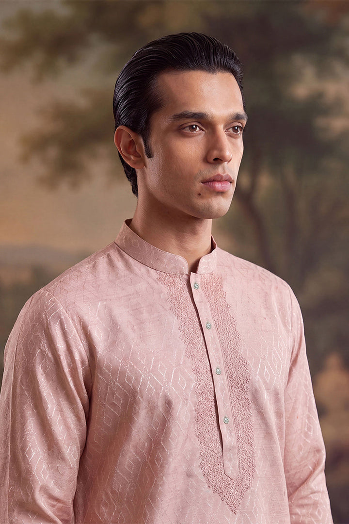 Mens Peach Linen Geometric Embroidered Kurta With Trouser  | SHOBITAM