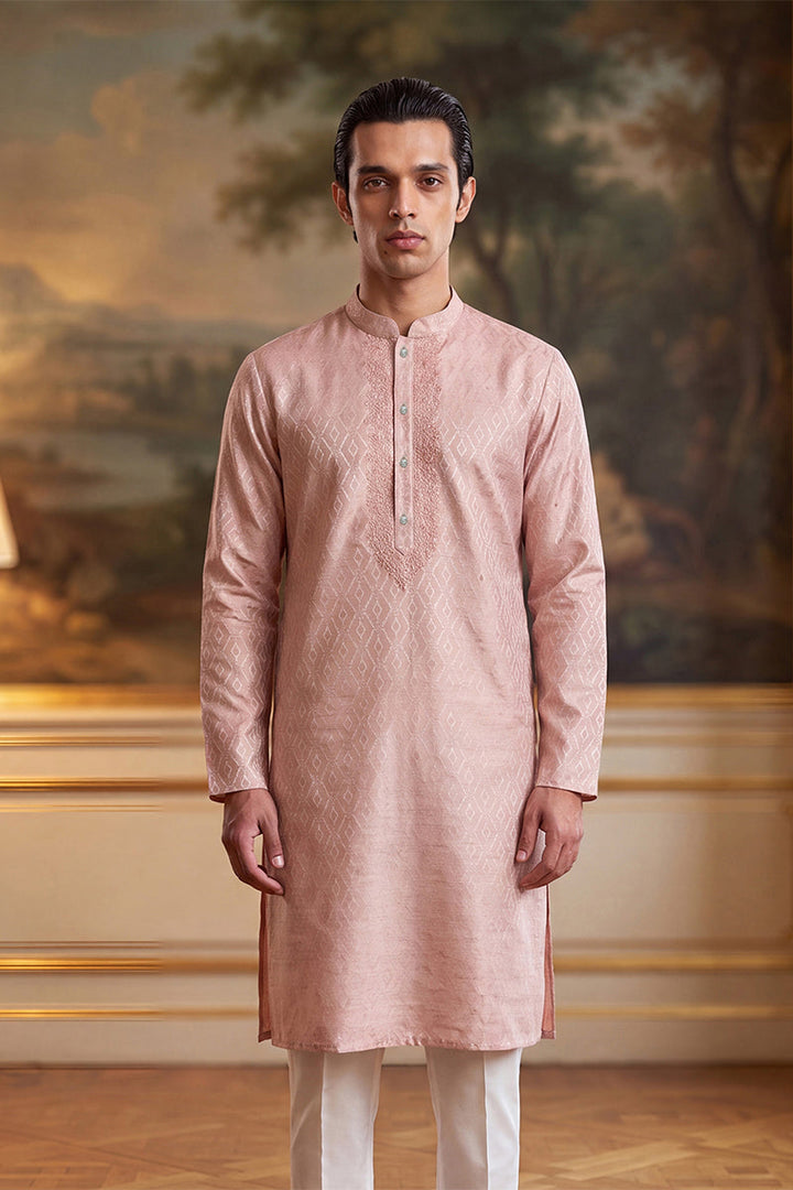 Mens Peach Linen Geometric Embroidered Kurta With Trouser  | SHOBITAM