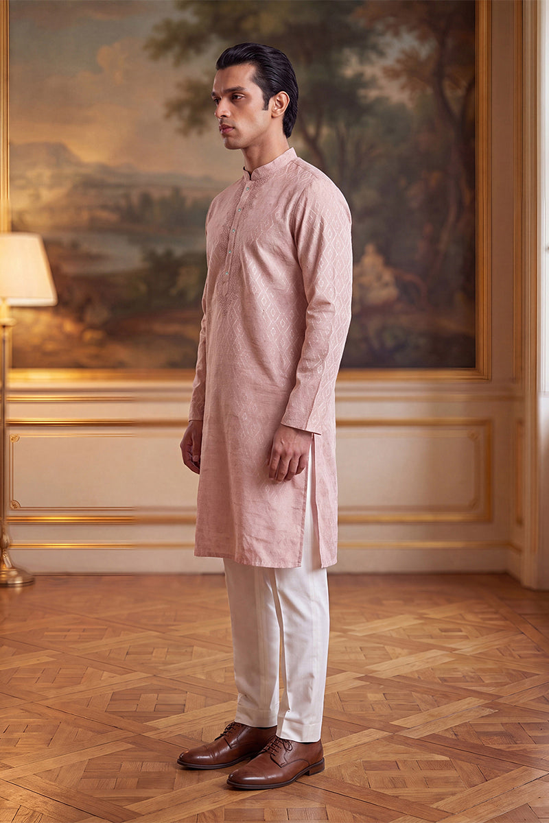 Mens Peach Linen Geometric Embroidered Kurta With Trouser  | SHOBITAM