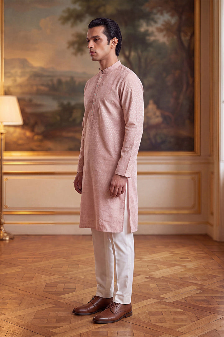 Mens Peach Linen Geometric Embroidered Kurta With Trouser  | SHOBITAM