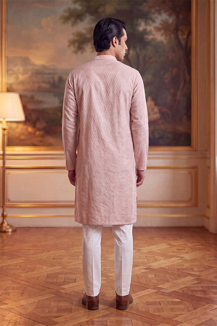 Mens Peach Linen Geometric Embroidered Kurta With Trouser  | SHOBITAM