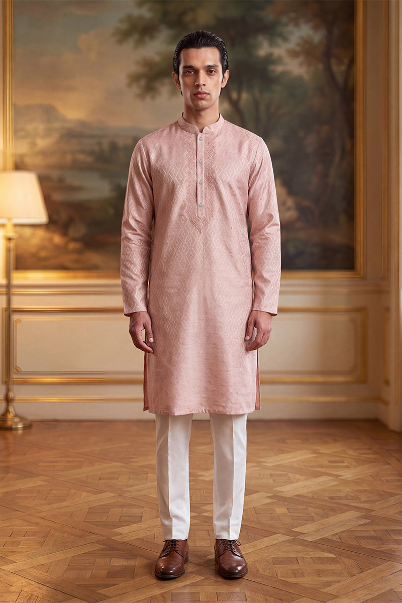 Mens Peach Linen Geometric Embroidered Kurta With Trouser  | SHOBITAM