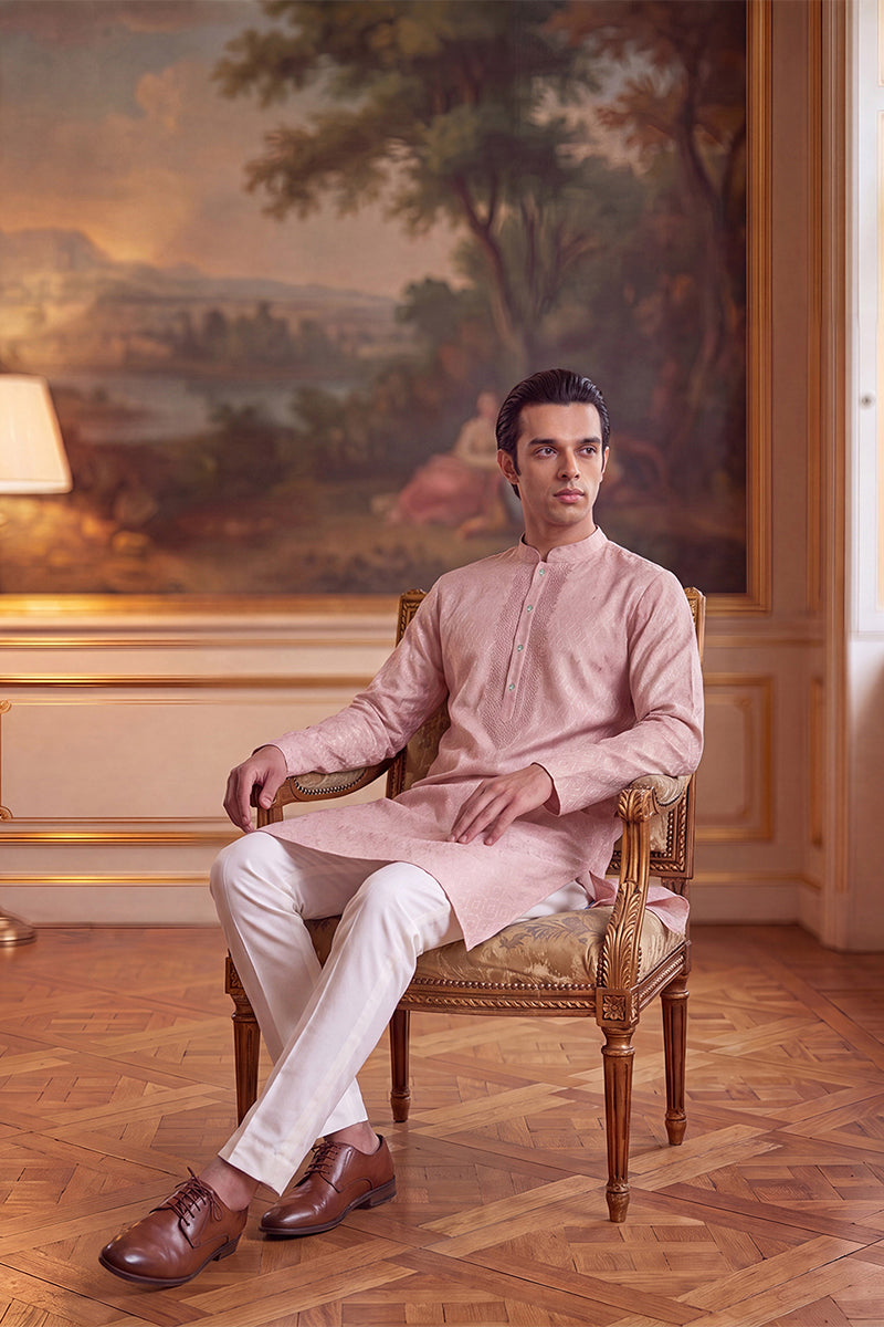 Mens Peach Linen Geometric Embroidered Kurta With Trouser  | SHOBITAM