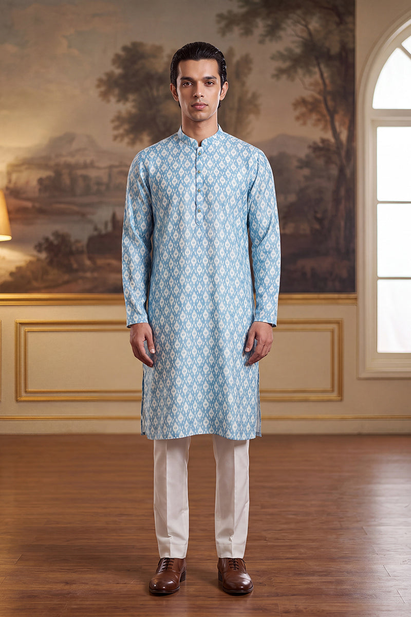 Mens Blue Linen Ikkat Print Regular Kurta With Trouser | SHOBITAM