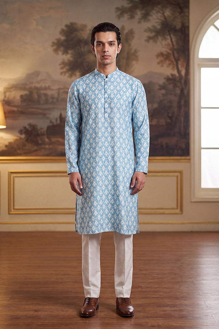 Mens Blue Linen Ikkat Print Regular Kurta With Trouser | SHOBITAM