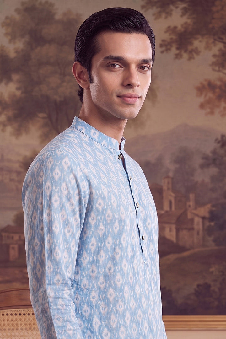 Mens Blue Linen Ikkat Print Regular Kurta With Trouser | SHOBITAM