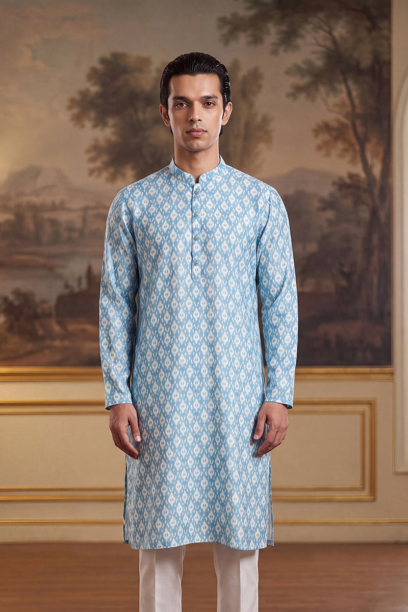 Mens Blue Linen Ikkat Print Regular Kurta With Trouser | SHOBITAM