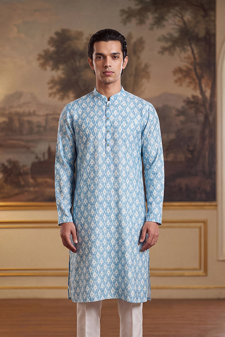 Mens Blue Linen Ikkat Print Regular Kurta With Trouser | SHOBITAM
