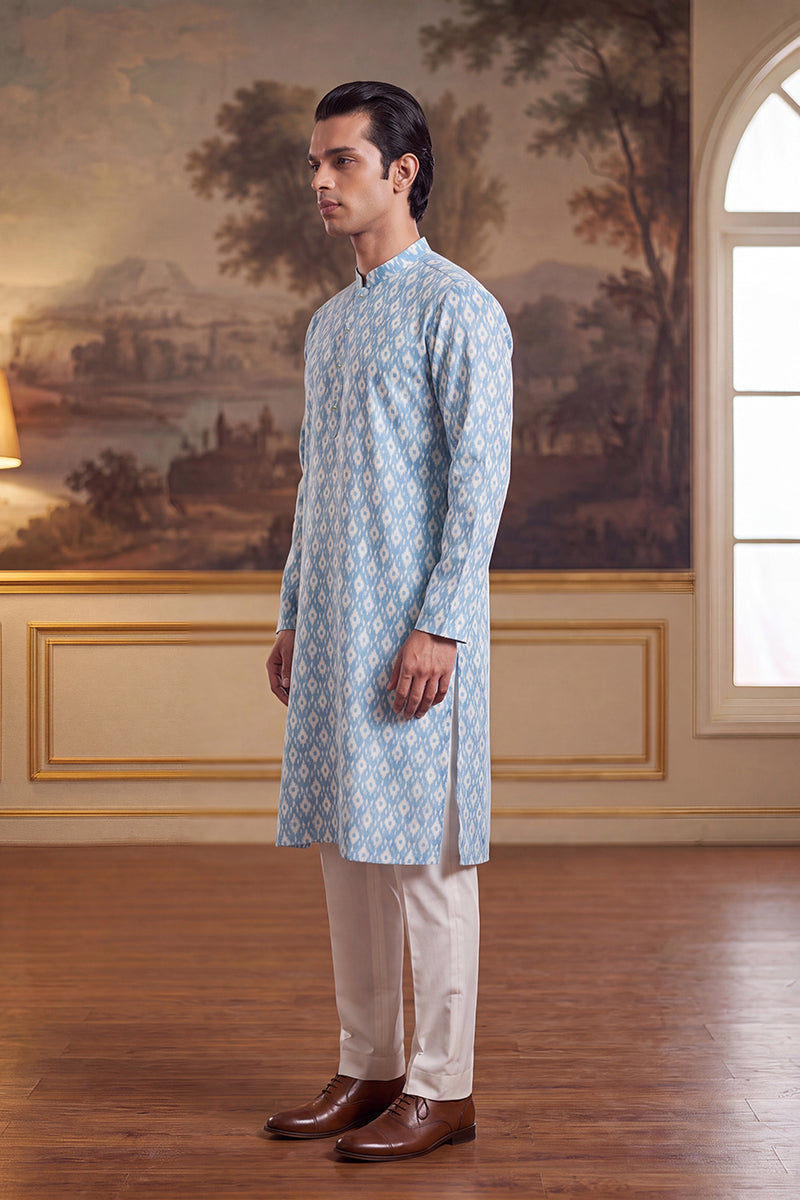 Mens Blue Linen Ikkat Print Regular Kurta With Trouser | SHOBITAM