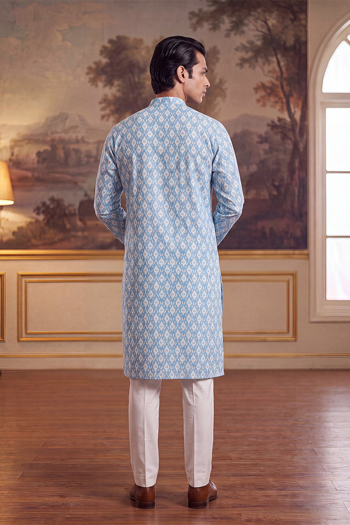 Mens Blue Linen Ikkat Print Regular Kurta With Trouser | SHOBITAM