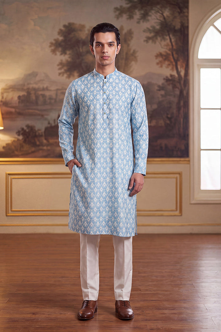 Mens Blue Linen Ikkat Print Regular Kurta With Trouser | SHOBITAM