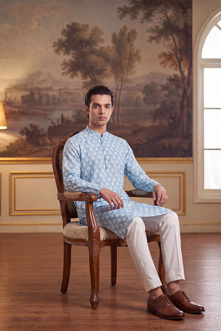 Mens Blue Linen Ikkat Print Regular Kurta With Trouser | SHOBITAM