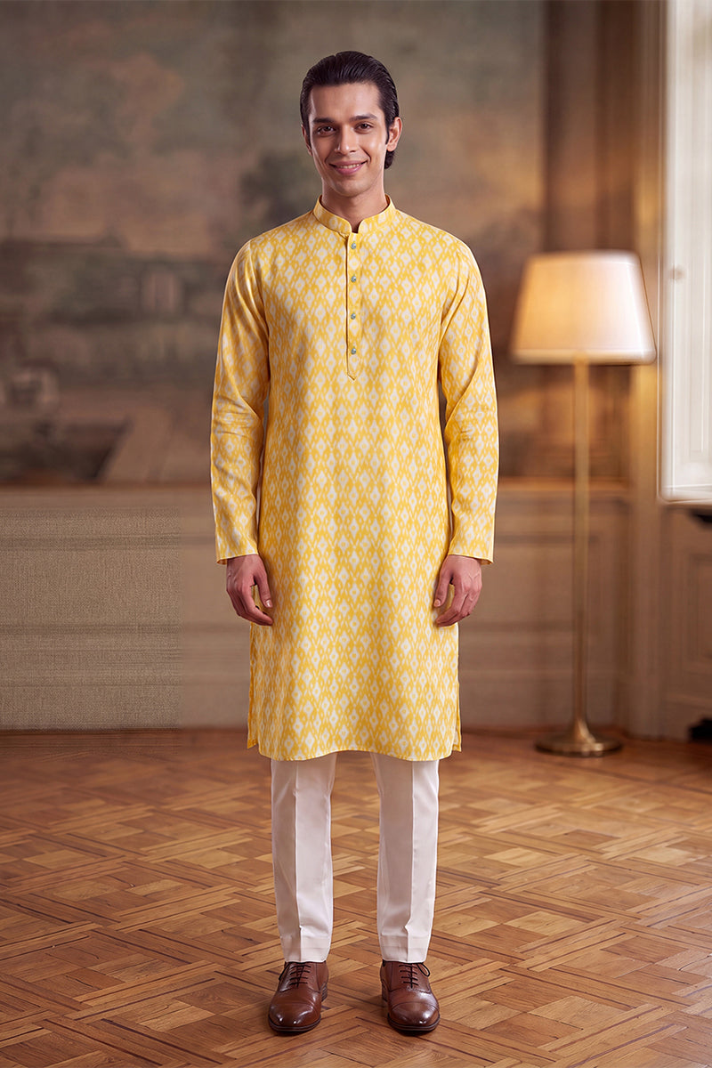 Mens Yellow Linen Ikkat Print Regular Kurta | SHOBITAM
