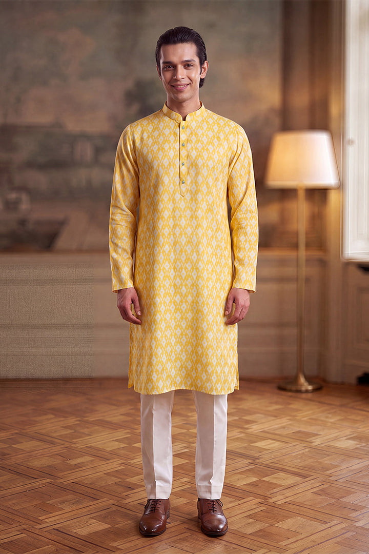 Mens Yellow Linen Ikkat Print Regular Kurta | SHOBITAM