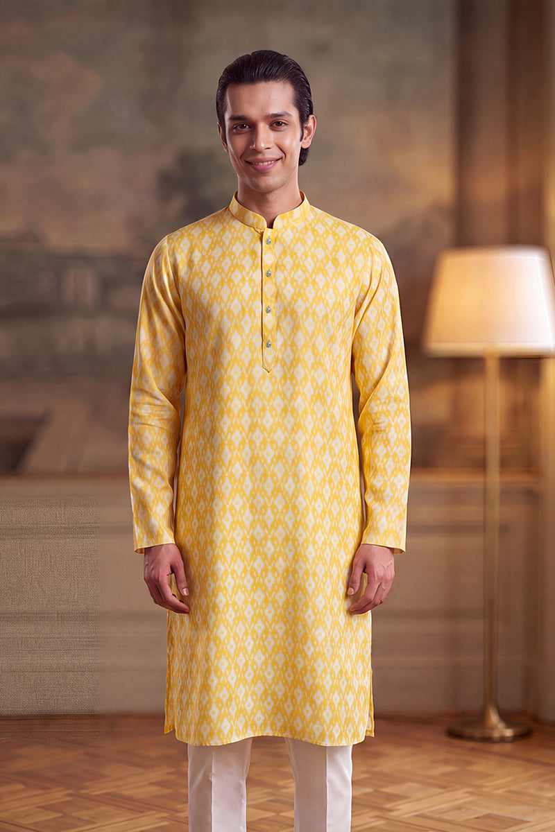 Mens Yellow Linen Ikkat Print Regular Kurta | SHOBITAM