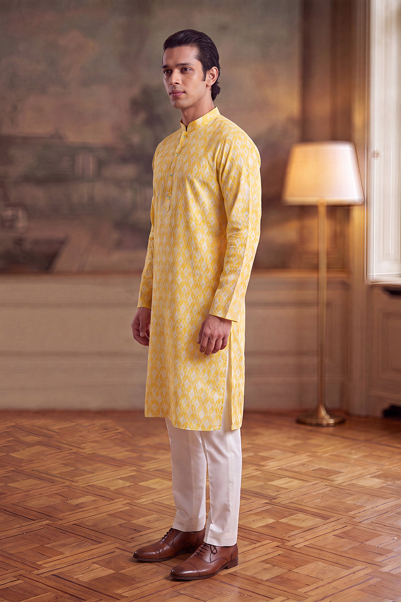 Mens Yellow Linen Ikkat Print Regular Kurta | SHOBITAM
