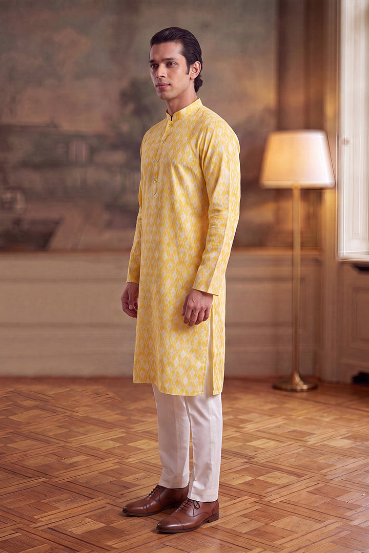 Mens Yellow Linen Ikkat Print Regular Kurta With Trouser | SHOBITAM