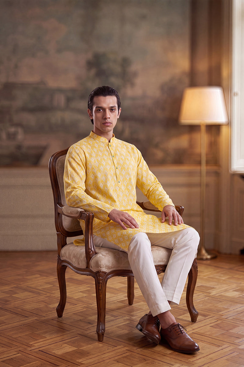 Mens Yellow Linen Ikkat Print Regular Kurta | SHOBITAM
