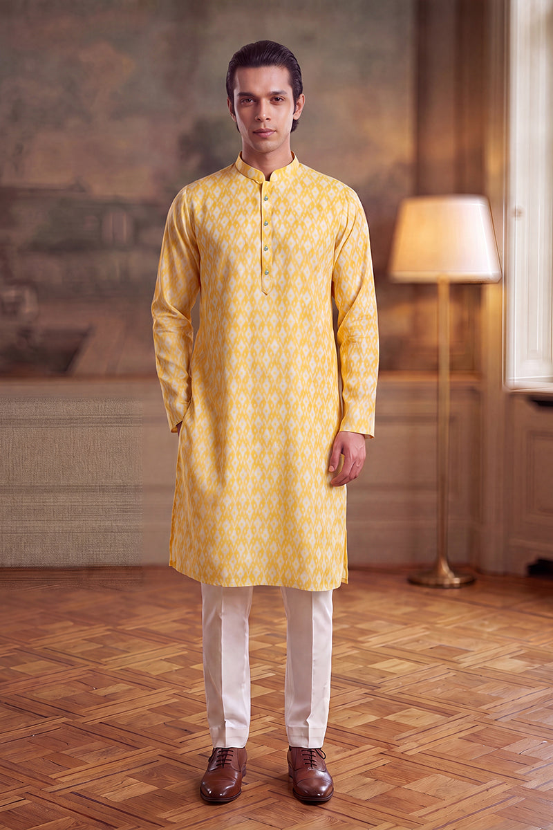 Mens Yellow Linen Ikkat Print Regular Kurta | SHOBITAM