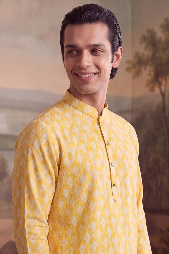 Mens Yellow Linen Ikkat Print Regular Kurta With Trouser | SHOBITAM