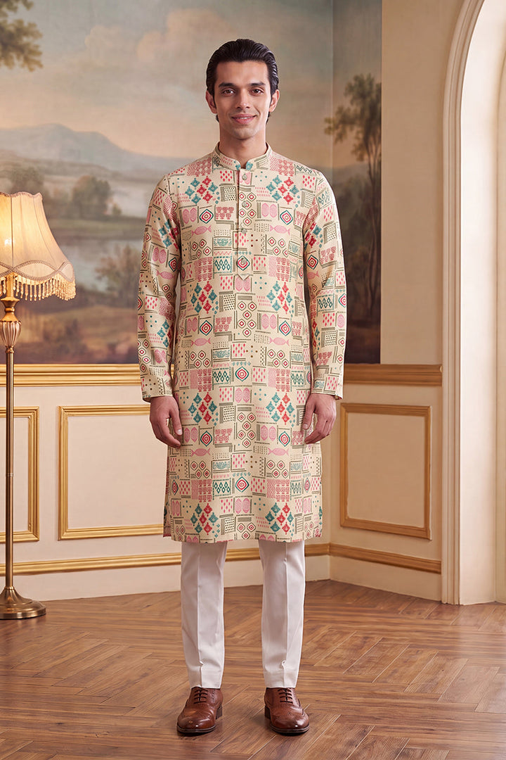 Mens Cream Linen Geometric Print Regular Kurta With Trouser | SHOBITAM