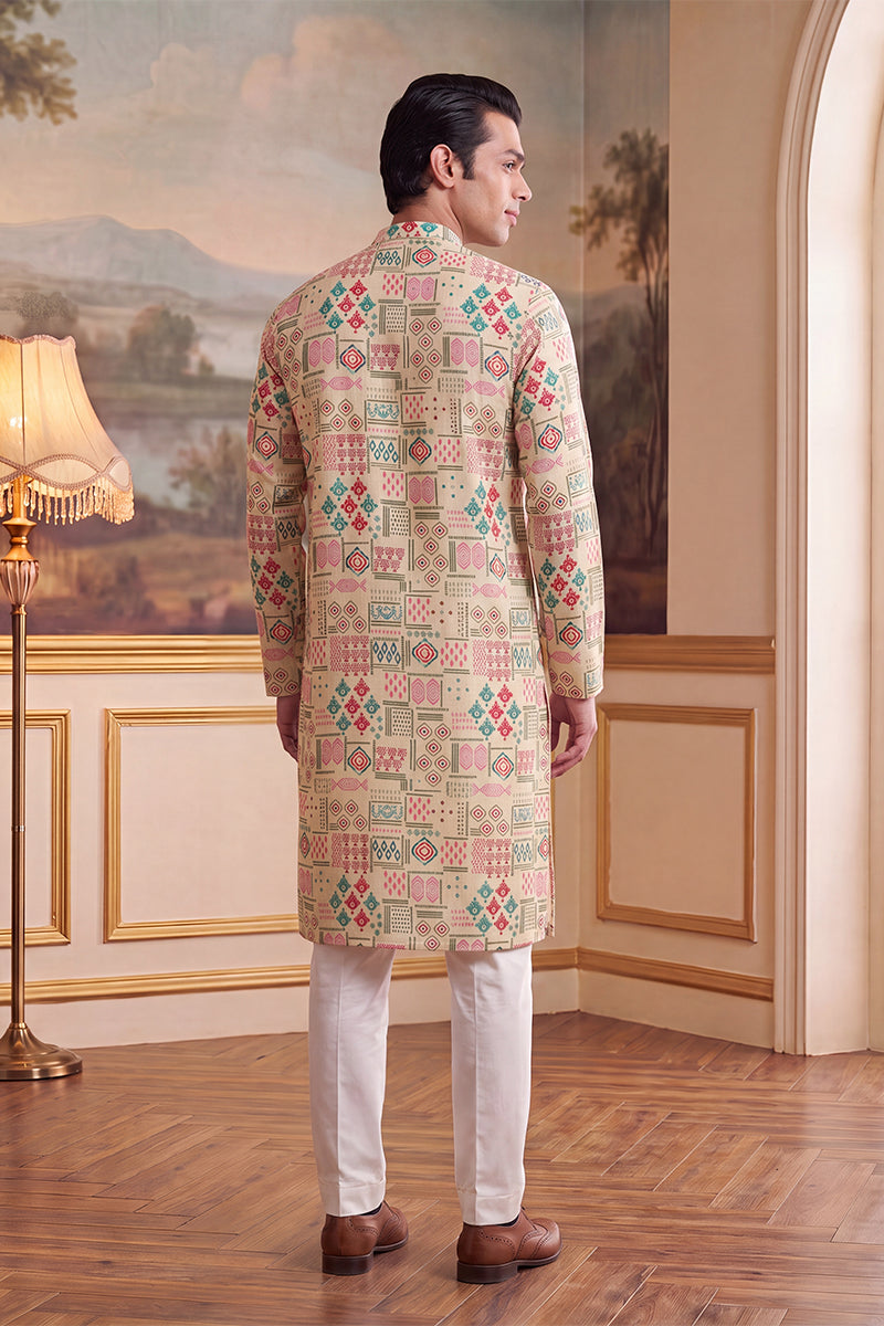 Mens Cream Linen Geometric Print Regular Kurta With Trouser | SHOBITAM