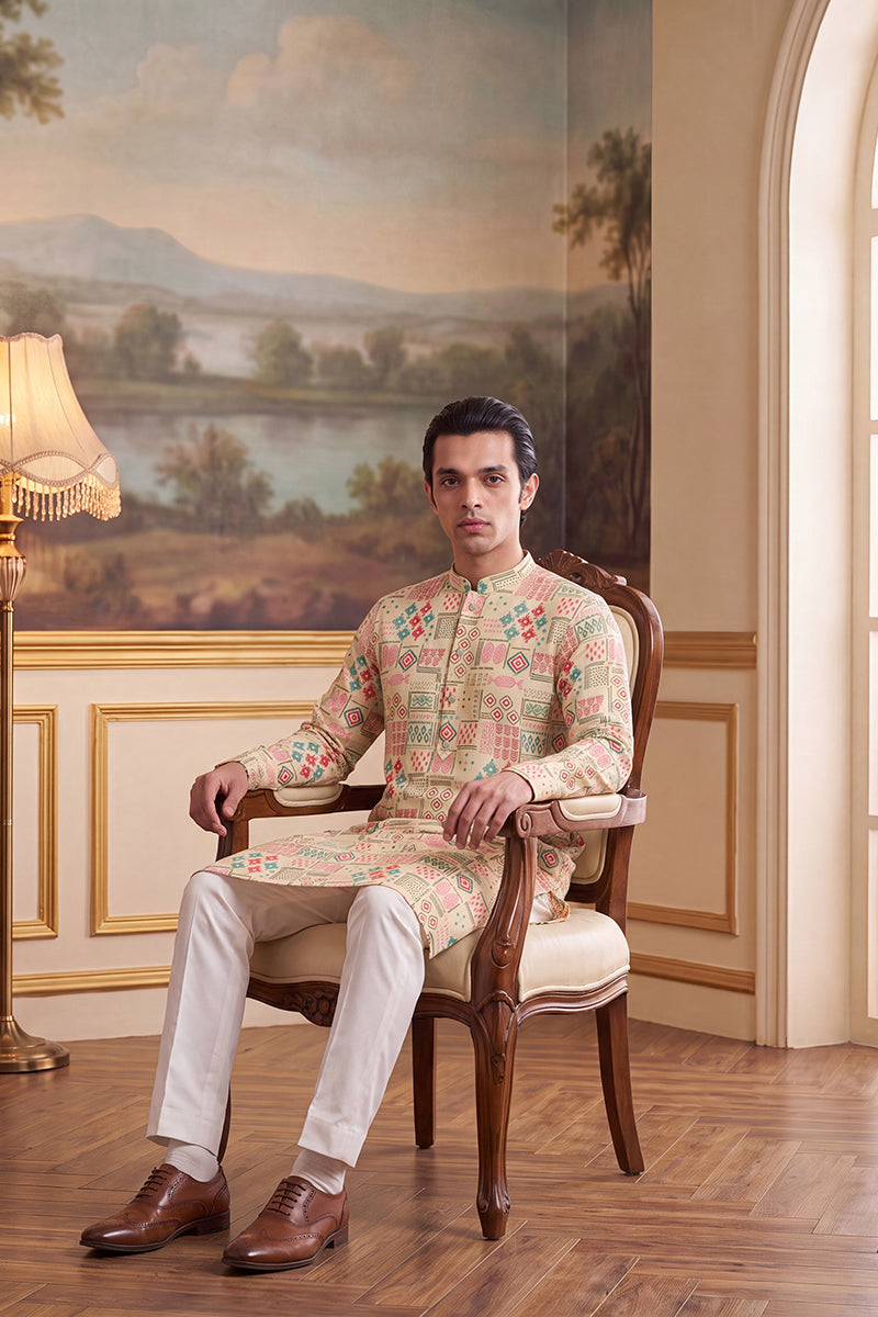Mens Cream Linen Geometric Print Regular Kurta  | SHOBITAM