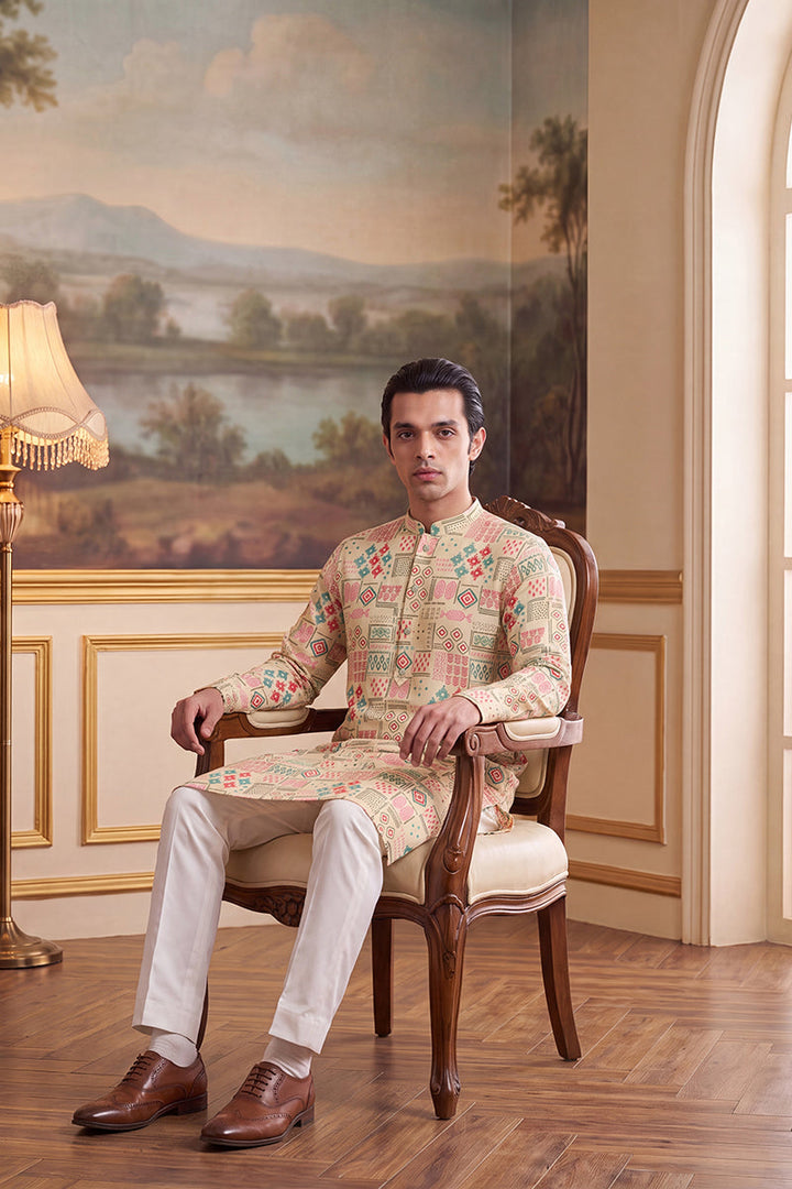 Mens Cream Linen Geometric Print Regular Kurta With Trouser | SHOBITAM