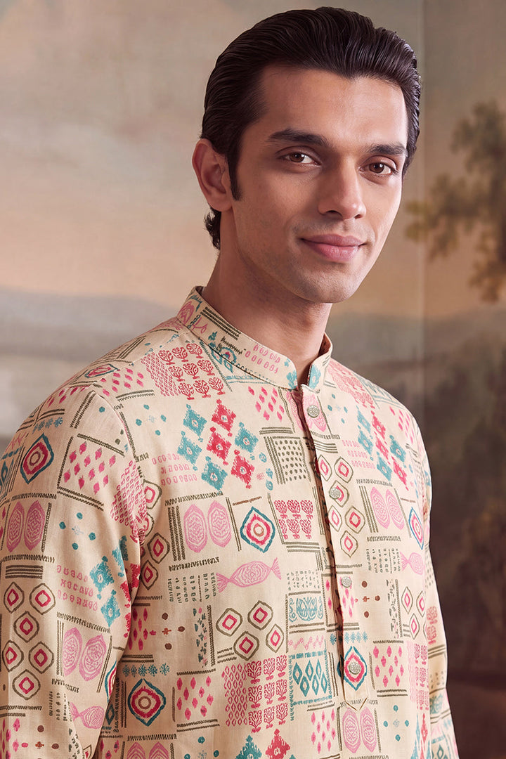 Mens Cream Linen Geometric Print Regular Kurta With Trouser | SHOBITAM