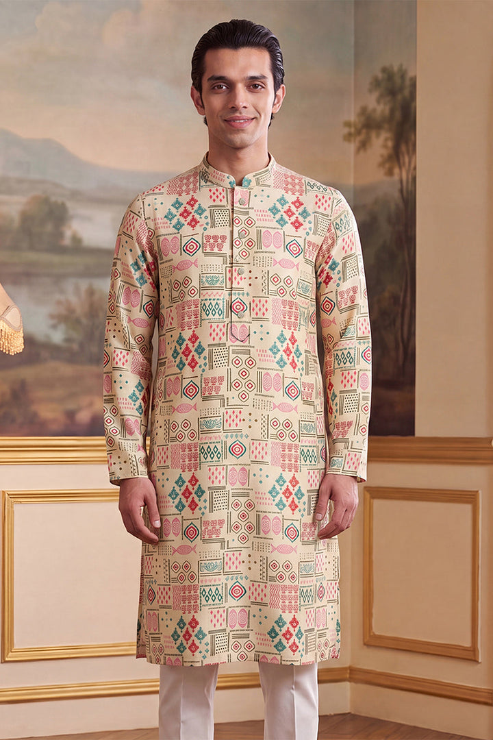 Mens Cream Linen Geometric Print Regular Kurta  | SHOBITAM