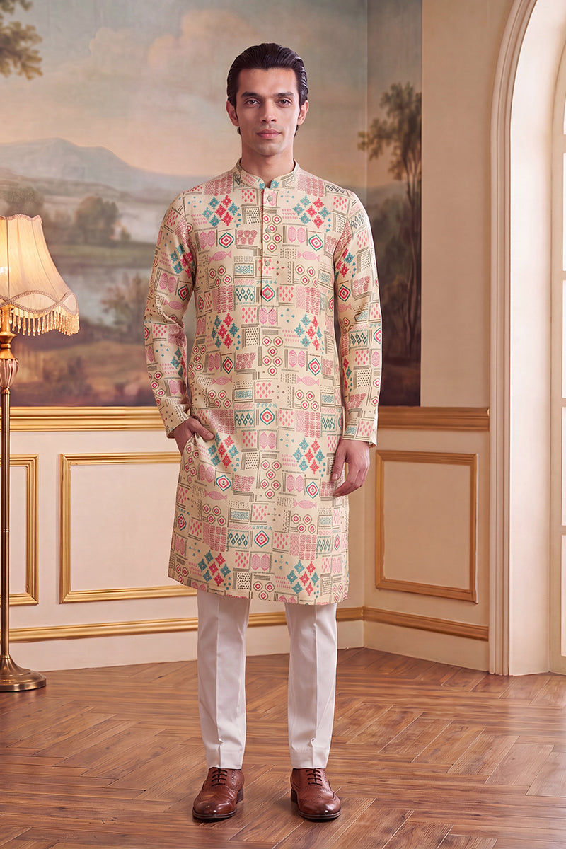 Mens Cream Linen Geometric Print Regular Kurta With Trouser | SHOBITAM