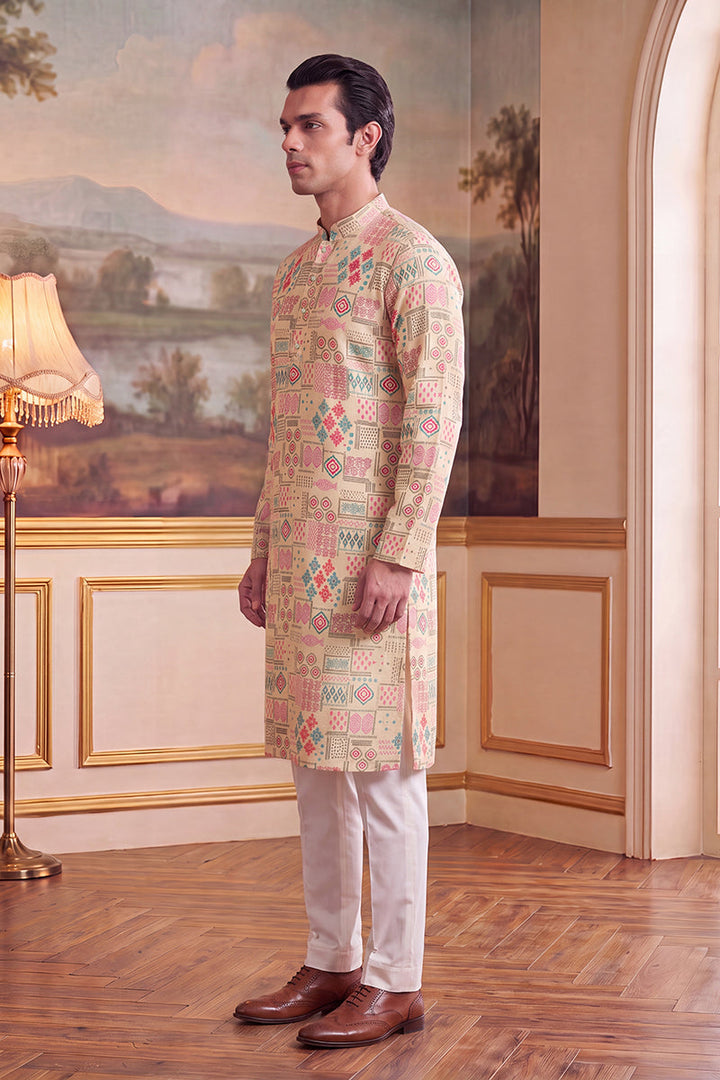 Mens Cream Linen Geometric Print Regular Kurta  | SHOBITAM