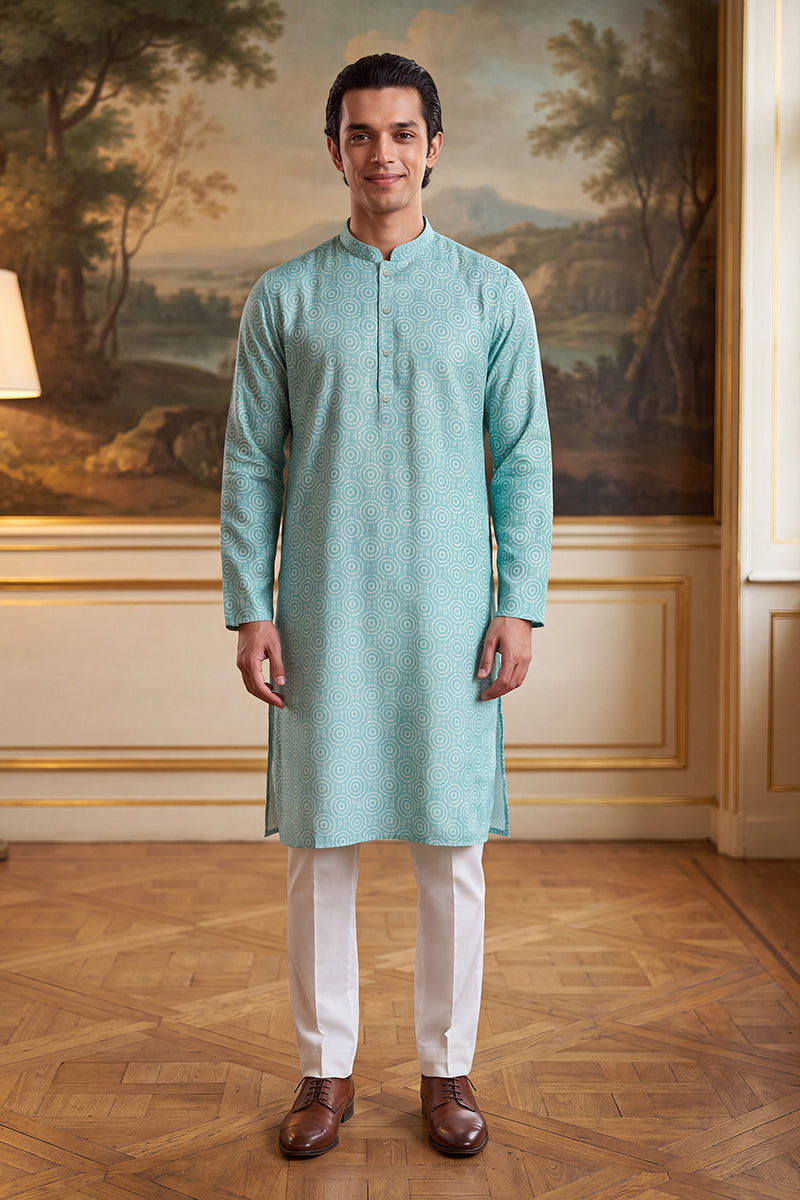 Mens Blue Linen Bandhani Printed Regular Kurta With Trouser  | SHOBITAM